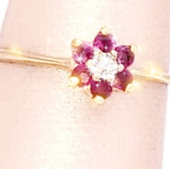 10 K RUBY FLOWER RING WITH DIAMOND ACCENT - Picture 2 of 3